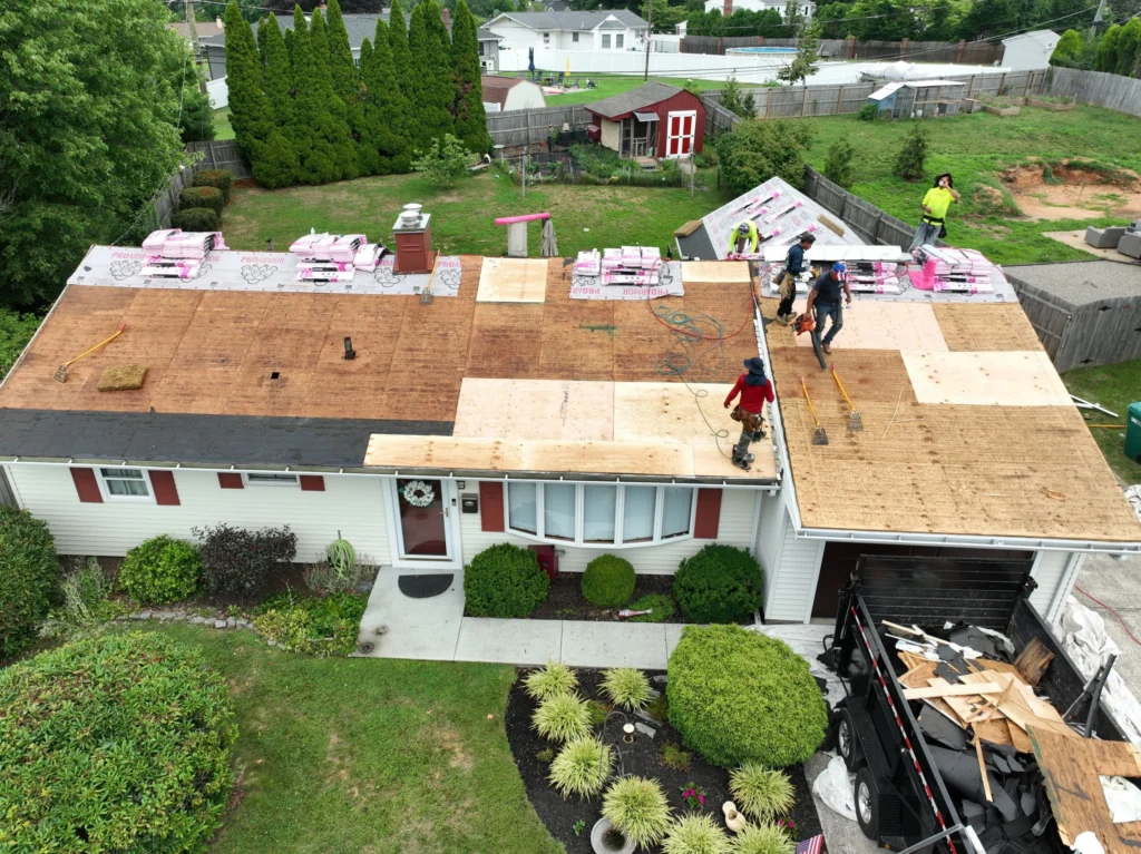 Roof decking inspected and repaired during a roof replacement project in Fairless Hills, PA.