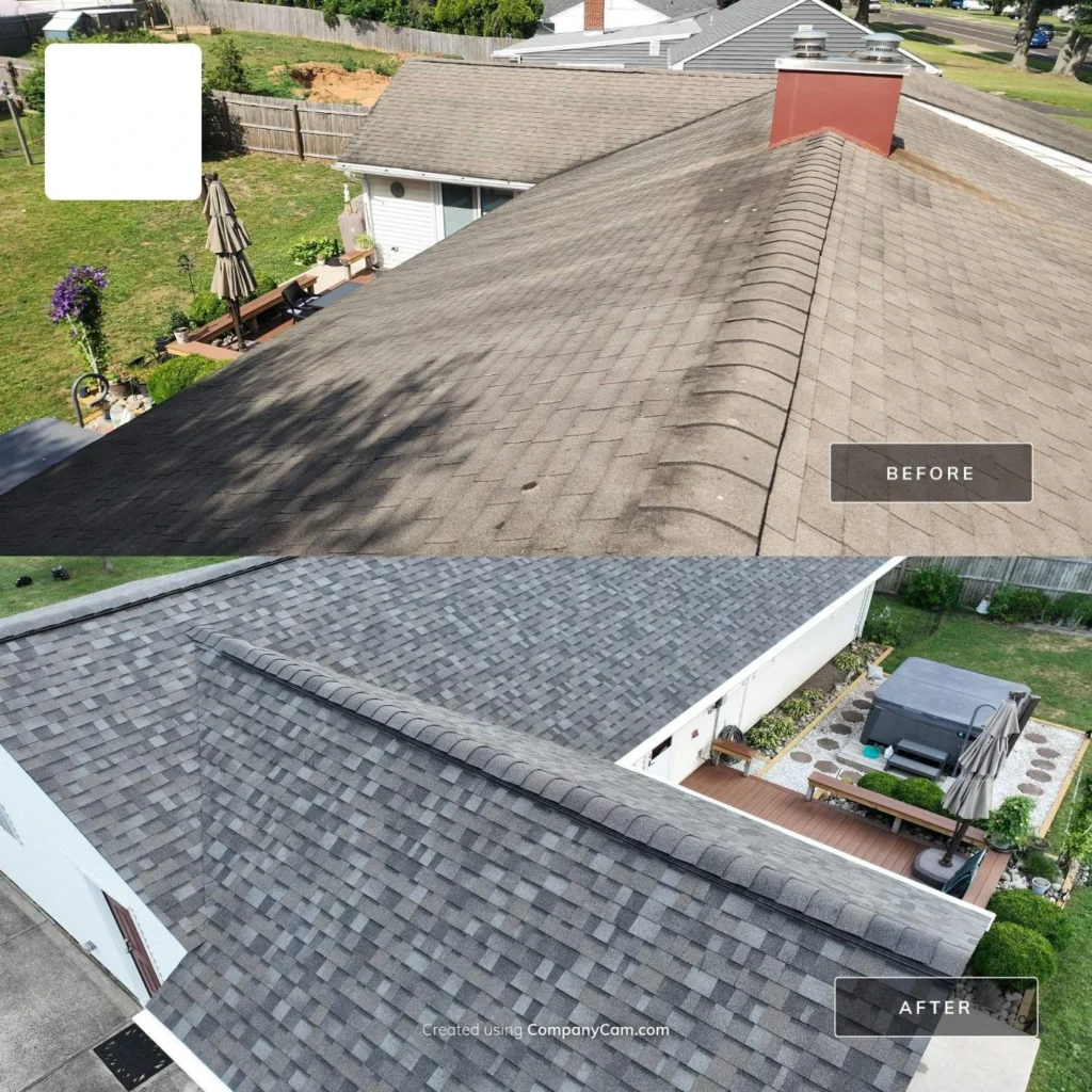 Before and after roof replacement completed by DaVinci Roofing Corp in Fairless Hills, PA.