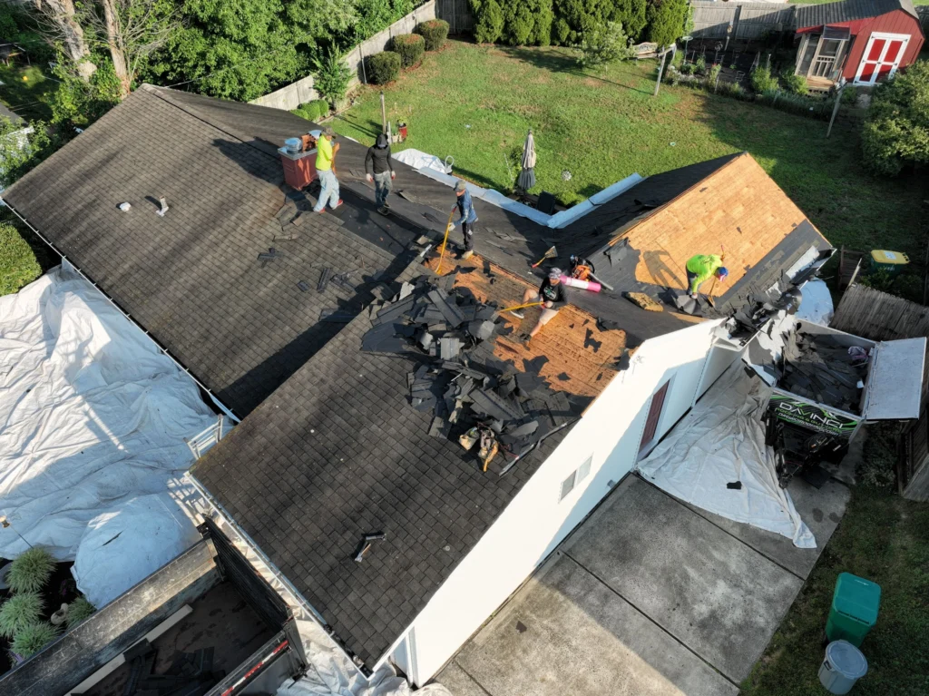 Roof tear-off in progress during a residential roof replacement in Fairless Hills, PA.