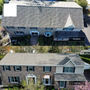 Before and after roof replacement completed by DaVinci Roofing Corp in Yardley, PA.